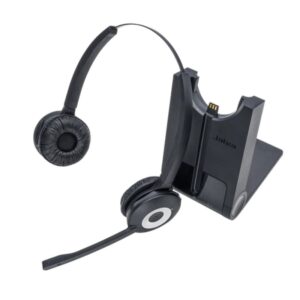 Jabra PRO 920 Duo wireless headset with dual-ear coverage, noise-canceling mic, and charging base for desk phone systems