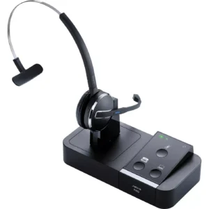 Jabra PRO 9450 Flex wireless headset with boom mic, touchscreen base, and dual connectivity for desk phone and PC