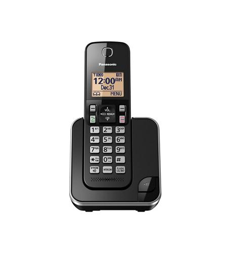 Panasonic KX-TGC350B-N cordless phone in black with LCD display, call block button, and expandable handset system