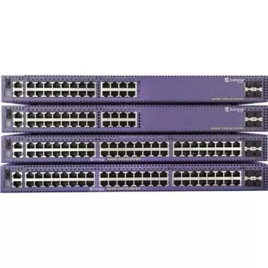 Front view of Extreme Networks X460-G2-24T-10GE4 showing 24 Gigabit ports and 8 SFP uplinks